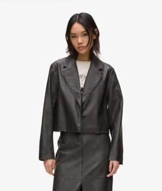 Blazer van kunstleer met distressed effect