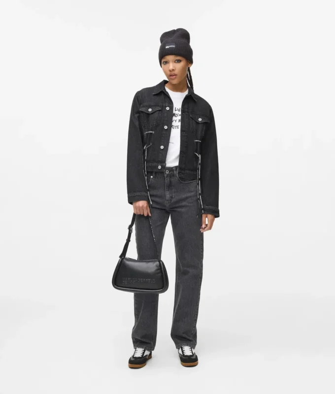 Denim jasje met vetersluiting