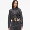 Denim overhemd met strik aan de voorkant