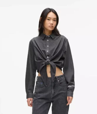 Denim overhemd met strik aan de voorkant
