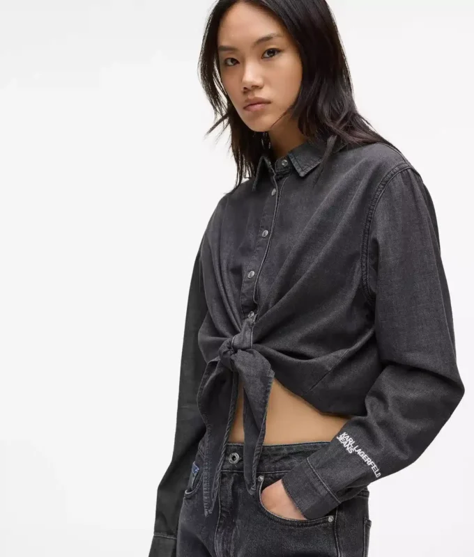 Denim overhemd met strik aan de voorkant