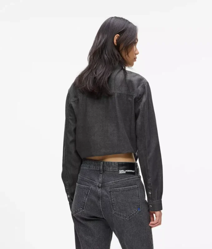 Denim overhemd met strik aan de voorkant