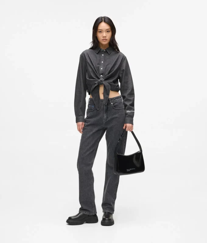 Denim overhemd met strik aan de voorkant