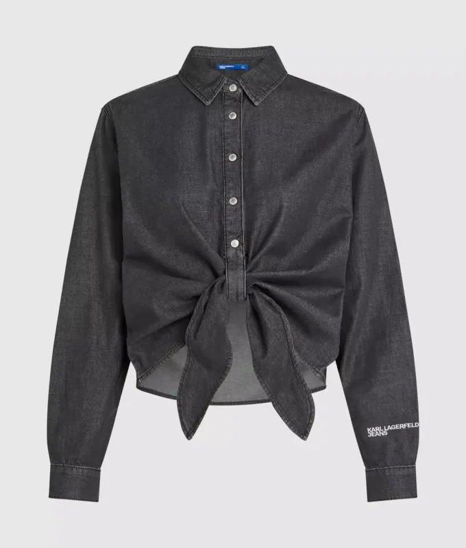 Denim overhemd met strik aan de voorkant