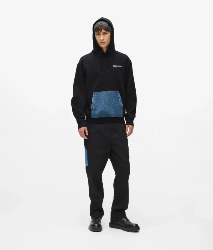 Hoodie met denim zak