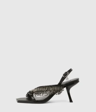 Karmel slingbacks met franjes en hak
