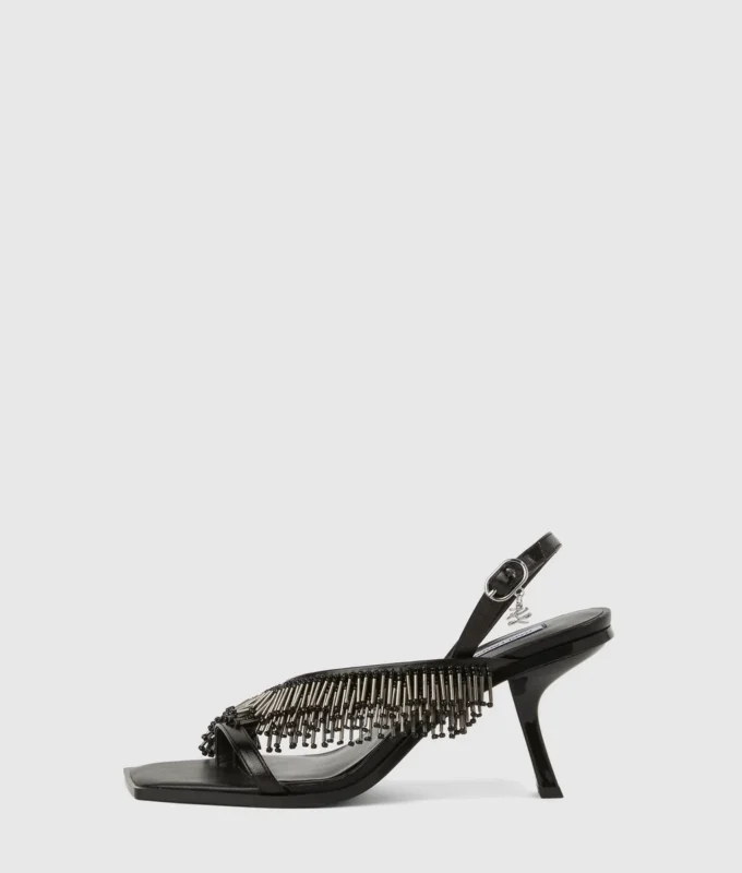 Karmel slingbacks met franjes en hak
