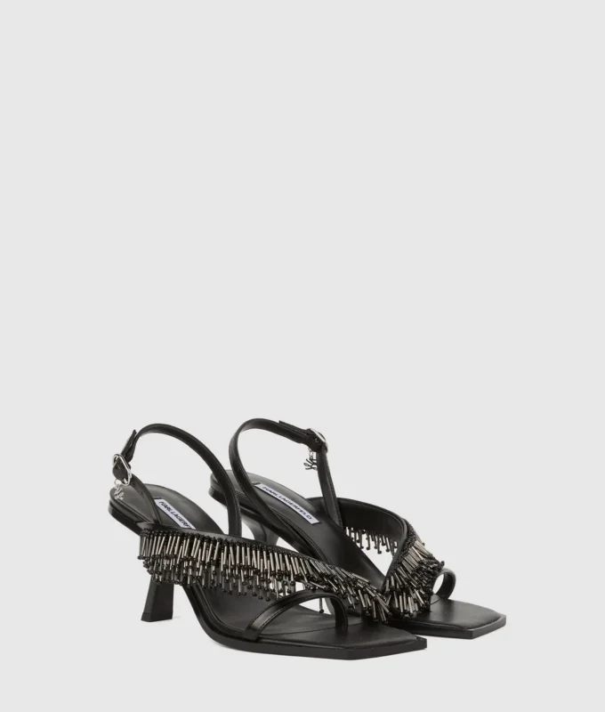 Karmel slingbacks met franjes en hak