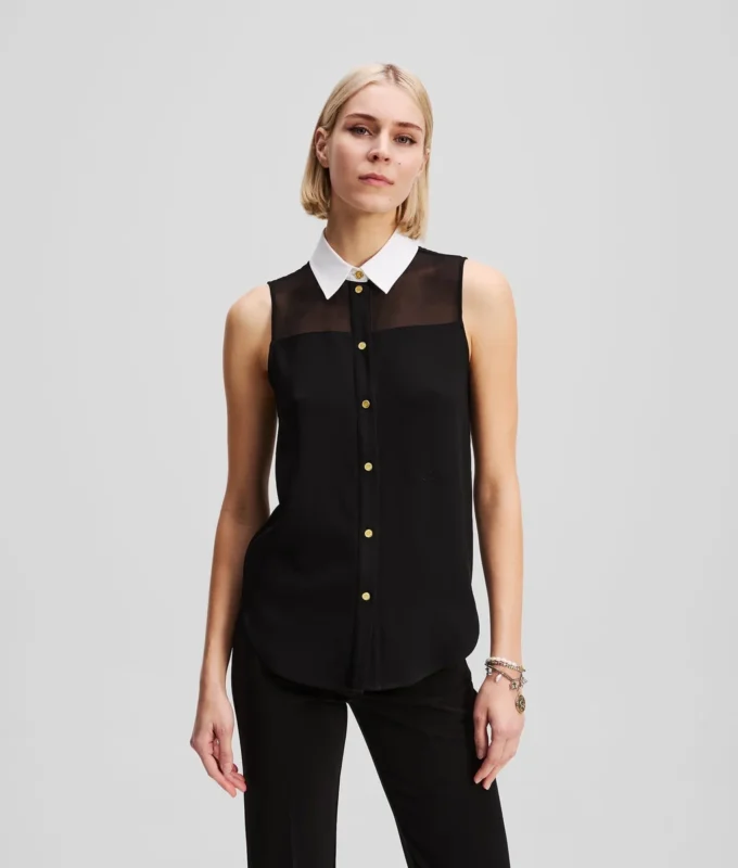 POPLIN BLOUSE ZONDER MOUWEN MET KRAAG
