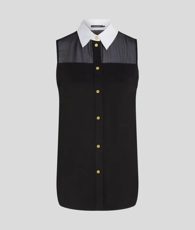 POPLIN BLOUSE ZONDER MOUWEN MET KRAAG