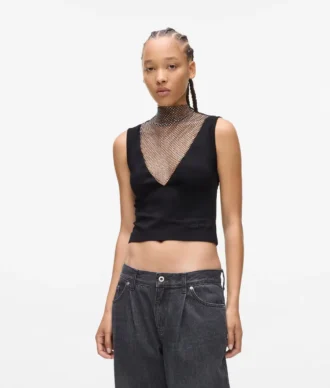 Top met V-hals en strass-mesh