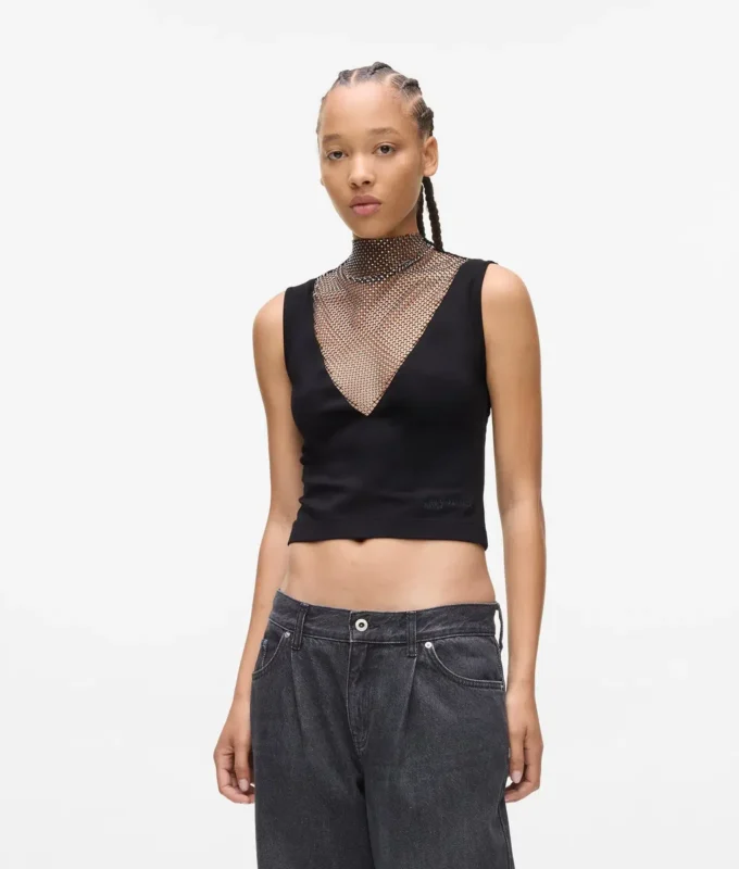 Top met V-hals en strass-mesh