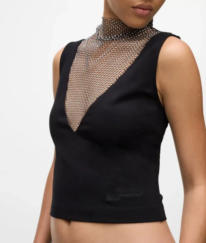 Top met V-hals en strass-mesh