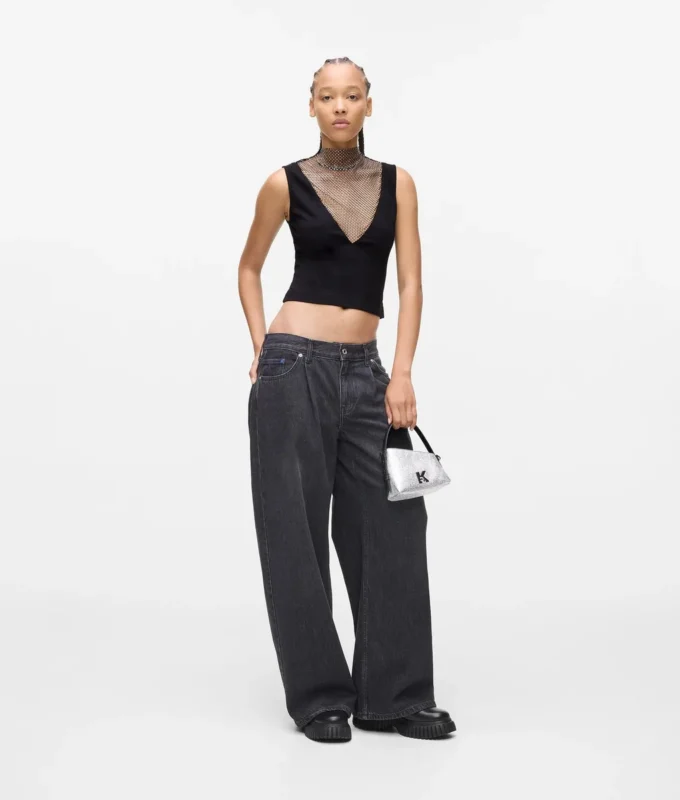 Top met V-hals en strass-mesh