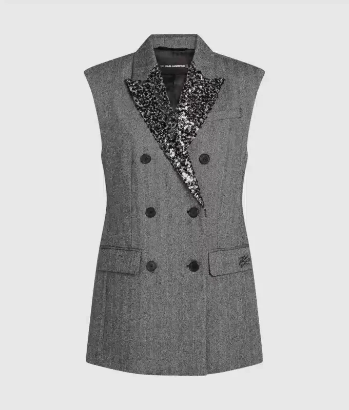 Tweed gilet met paillettenrevers